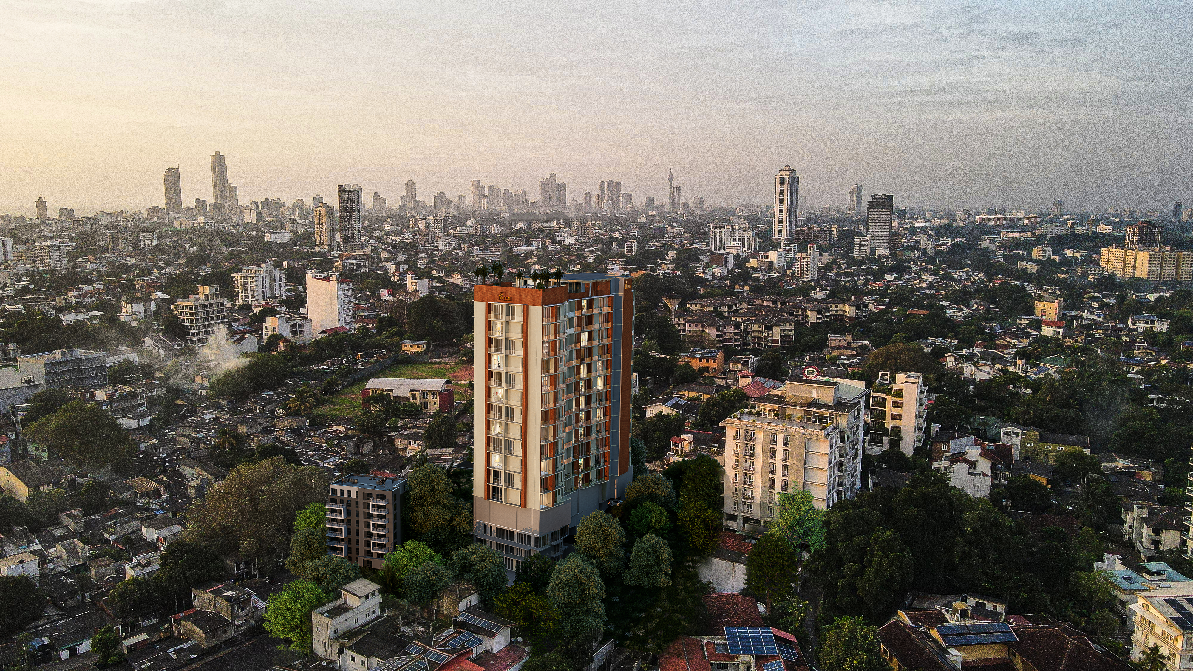A 3D visualisation of the Trillium Duplex Residences high-rise building set against the backdrop of Colombo's city skyline.